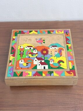 Vintage Handmade El Salvador Folk Art Wood Trinket Box Multicolor 12x11x3.5
